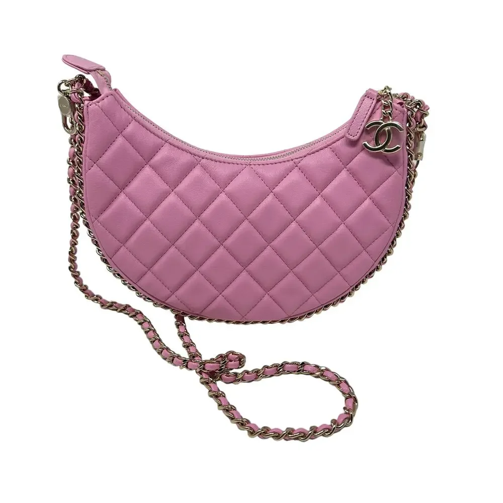 Chanel Clutch with Chain Lambskin Shiny Light Gold Metal Pink Women's One Size